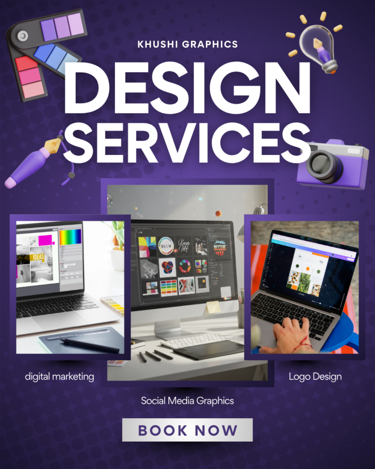 Khushi Graphics showcasing design services including digital marketing, social media graphics, and logo design with creative workspace visuals.